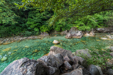 Mountain river with transparent water and large rocks