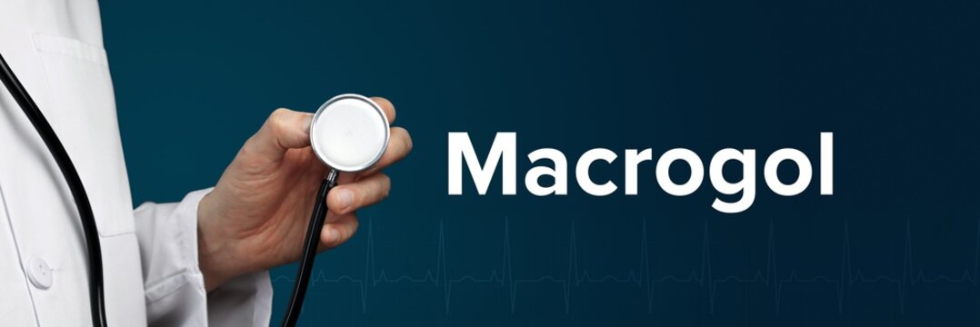 Macrogol. Arzt im Kittel h&auml;lt Stethoskop. Das Wort Macrogol steht daneben. Symbol f&uuml;r Medizin, Krankheit, Gesundheit