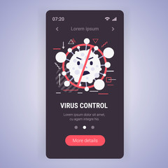 stop coronavirus concept noel 2019-nCoV virus cell with prohibit sign covid-19 prevention poster smartphone screen mobile app copy space vector illustration