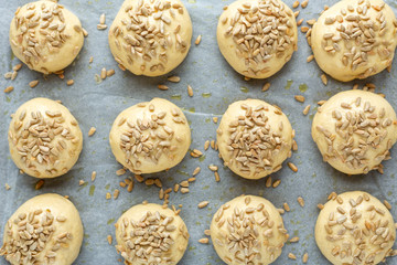 Raw dough balls sprinkled with seeds on pan. Cooking homemade buns. Top view