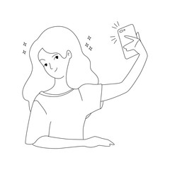 Selfie girl. Outlined illustration of a girl taking selfie photo with a smartphone. Vector 8 EPS.