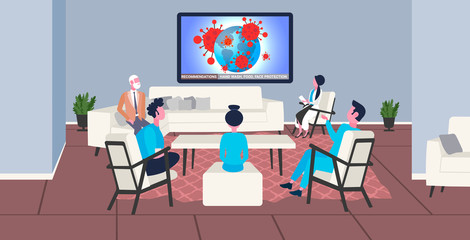 Fototapeta premium doctors team in masks watching breaking news 2019-nCoV flu spreading of world floating influenza virus coronavirus pandemic concept horizontal full length vector illustration