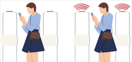 Woman goes through anti-theft sensor gates. System reports theft. Security system detect barcode and notify. Vector, illustration.
