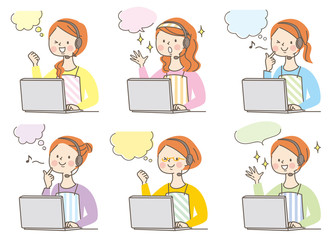 パソコン　驚く　若い女性　エプロン　セット