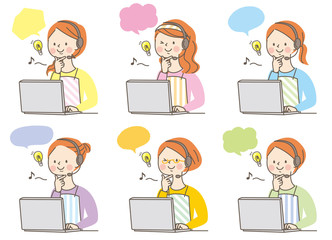 パソコン　ひらめく　若い女性　主婦　表情セット