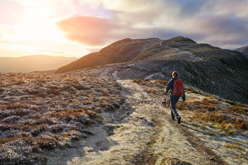 A hiker and their dog walking towards the mountain summit of High Spy from Maiden Moor at sunrise...