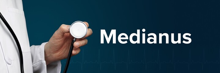 Medianus. Arzt im Kittel hält Stethoskop. Das Wort Medianus steht daneben. Symbol für Medizin, Krankheit, Gesundheit