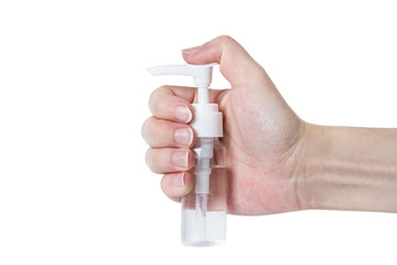 Hand antibacterial sanitizer dispenser pump, alcohol gel to wash hands, liquid soap to clean hands free from viruses and diseases. Please wash your hands concept photo of handwashing isolated on white
