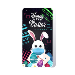 rabbit drawing on eggs happy easter bunny spring holiday concept greeting card lettering smartphone screen mobile app vector illustration