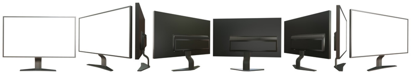 hi-res images from different sides of black computer display with fictive design isolated on white background - realistic 3D illustration of object