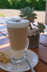 Coffee drink in a tall glass Flat white or cappuccino