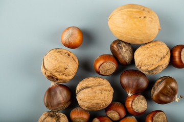 Autumn fruits, walnut and chestnuts