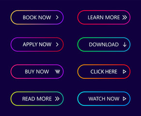 Gradient neon buttons. Button with arrow for call action, web buy, more, next, learn, download. Modern menu collection for navigation in app, site page, interface. Color 3d rounded banner. Vector
