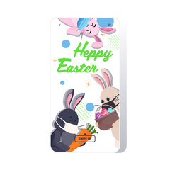 rabbits wearing medical masks to prevent coronavirus pandemic happy easter spring holiday concept smartphone screen mobile app lettering greeting card vector illustration