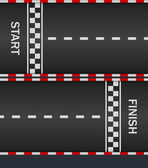 Race track with start and finish line for car. Asphalt road on f1. Texture for racing top formula. Pattern of fast speedway. Racetrack on street. Surface for auto-moto sport. Auto wallpapers. Vector
