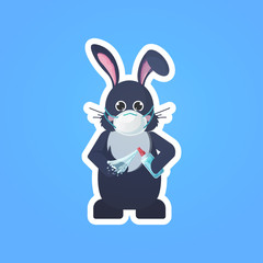 rabbit in mask applying antibacterial spray disinfection to prevent covid-19 virus spreading happy easter spring holiday coronavirus pandemic concept cute bunny sticker vector illustration