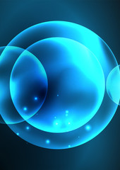 Glowing neon shiny transparent bubbles, glass circles or bio cell concept. Techno futuristic vector abstract background For Wallpaper, Banner, Background, Card, Book Illustration, landing page