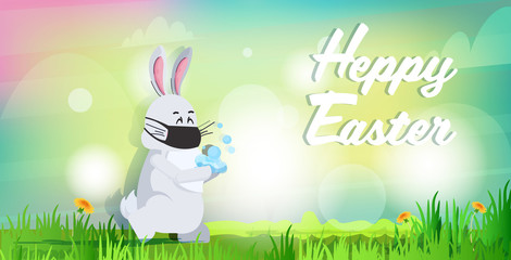 rabbit in mask washing hands to prevent covid-19 virus happy easter spring holiday coronavirus pandemic concept landscape background cute bunny horizontal greeting card lettering vector illustration