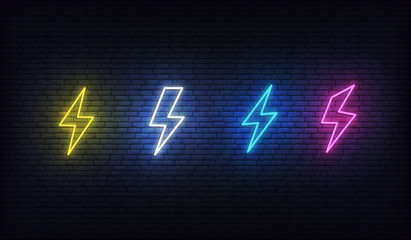 Lightning bolt neon. Energy neon set. Sign of lightning, thunder and electricity. - obrazy, fototapety, plakaty