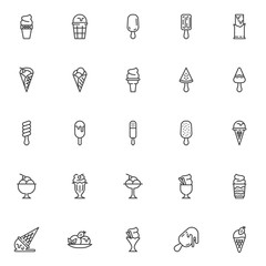 Ice cream line icons set. linear style symbols collection, outline signs pack. vector graphics. Set includes icons as sundae scoop, waffle ice cream cone, popsicle, fruit sorbet bowl, frozen treat
