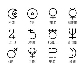 Outline astrology vector icons set - symbols signs for astrology, constellations and planets. Esoteric magic concept. Black outline isolated on white - for gui, web, infographics, apps © Maria Zamchiy 