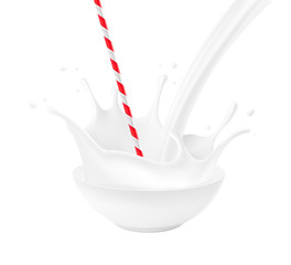 Bowl with milk splashes, drops and straw isolated on white background. Vector illustration. Can be use for your design. EPS10.