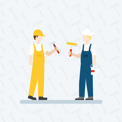 Worker and painter on the pattern background . A group of professionals in vector style. Poster or banner vector.