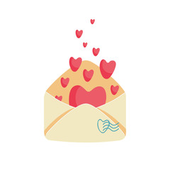 Happy Valentine’s day, love or romantic letter concept. Female hands holding envelope with air mail stripes and red hearts growing like flowers. Flat cartoon vector illustration for greeting card.