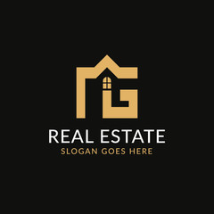 Creative real estate NG letter logo design. House, Property development, construction and building icon template. Isolated in dark background with gold color. Minimalist home vector in eps 10.