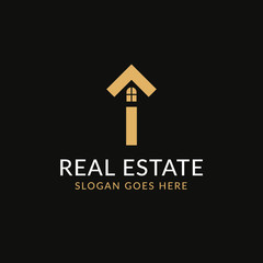 Fototapeta premium Creative real estate I letter logo design. House, Property development, construction and building icon template. Isolated in dark background with gold color. Minimalist home vector in eps 10.