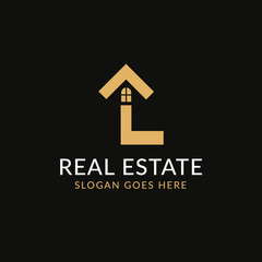 Creative real estate L letter logo design. House, Property development, construction and building icon template. Isolated in dark background with gold color. Minimalist home vector in eps 10.