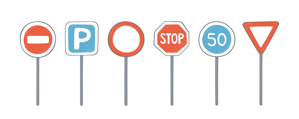 Set of road signs on poles. Traffic symbols of parking, stop, speed and limitations in cartoon and flat style on white background