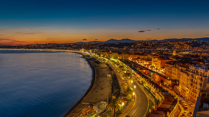 Evening aerial view of Nice from viewpoint on Castle Hill at sunset