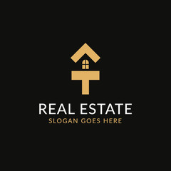 Creative real estate T letter logo design. House, Property development, construction and building icon template. Isolated in dark background with gold color. Minimalist home vector in eps 10.