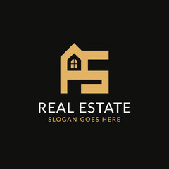 Creative real estate PS letter logo design. House, Property development, construction and building icon template. Isolated in dark background with gold color. Minimalist home vector in eps 10.