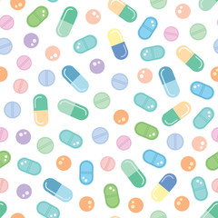 Various pills, tablets and capsules vector seamless pattern. Vector medicine illustration background.