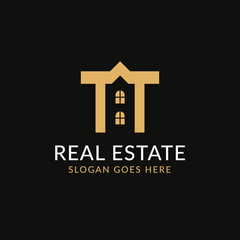 Creative real estate TT letter logo design. House, Property development, construction and building icon template. Isolated in dark background with gold color. Minimalist home vector in eps 10.