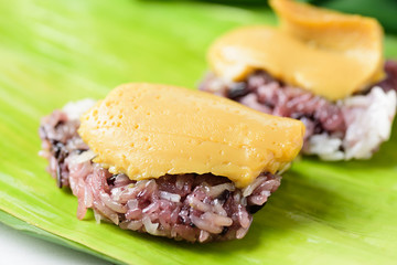 Thai dessert (Khao Niao Sangkhaya), Sweet purple sticky rice with egg custard on top and wrapping with fresh banana leaf