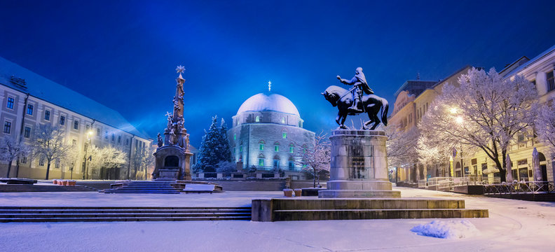 Szechenyi square in winter in Pecs, Hungary