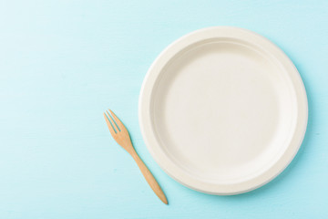 Biodegradable plate, Compostable plate or Eco friendly disposable plate and wooden fork on pastel color background