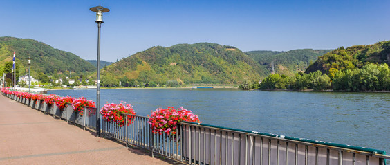 Panorama of colorful flowers at the promenade in Boppard, Germany