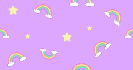 Fototapeta premium Seamless pattern rainbow and clouds kawaii wallpaper background. Abstract cute pastel colors funny faces cartoon. Concept for children and kindergartens or presentation and christmas day