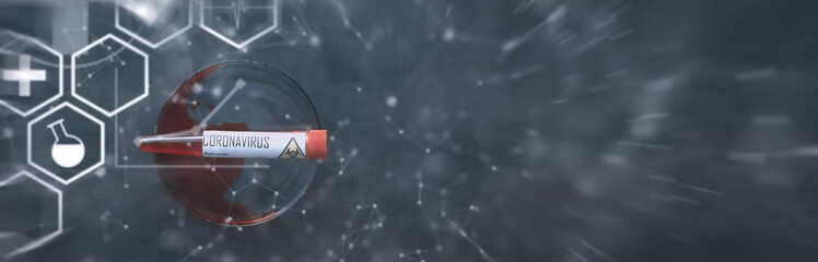 Background tubes with tests for coronavirus. Laboratory studies of viral diseases. Blood sample for testing the dangerous virus coronavirus in the body.