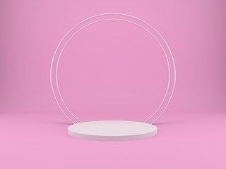 3d rendering studio with geometric shapes, podium on the floor. Platforms for product presentation, mock up background.