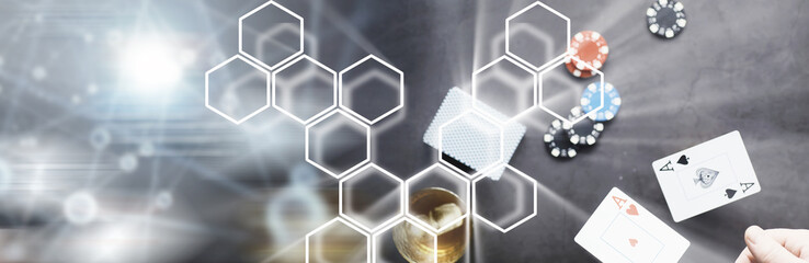 The concept of card tricks and presentations. The concept of a cheater in games. Flying cards in the air. A magician raises cards with the power of thought.