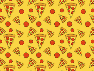 Pizza triangular slices with cheese and ham. High quality vector illustration. Pattern