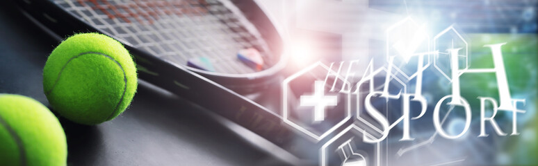 Sport and healthy lifestyle. Tennis. Yellow ball for tennis and a racket on the table. Sports background with tennis concept.