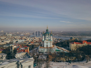 Fototapeta na wymiar Aerial top view of Saint Andrew's church, cityscape of Kiev (Kyiv) skyline, Ukraine