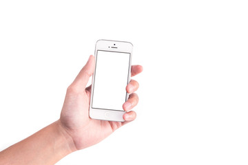 hand holding white phone with isolated screen.