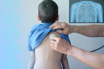 male doctor, pediatrician with a medical stethoscope listens to the lungs of a 7-year-old child, concept of preventive examination, treatment of children